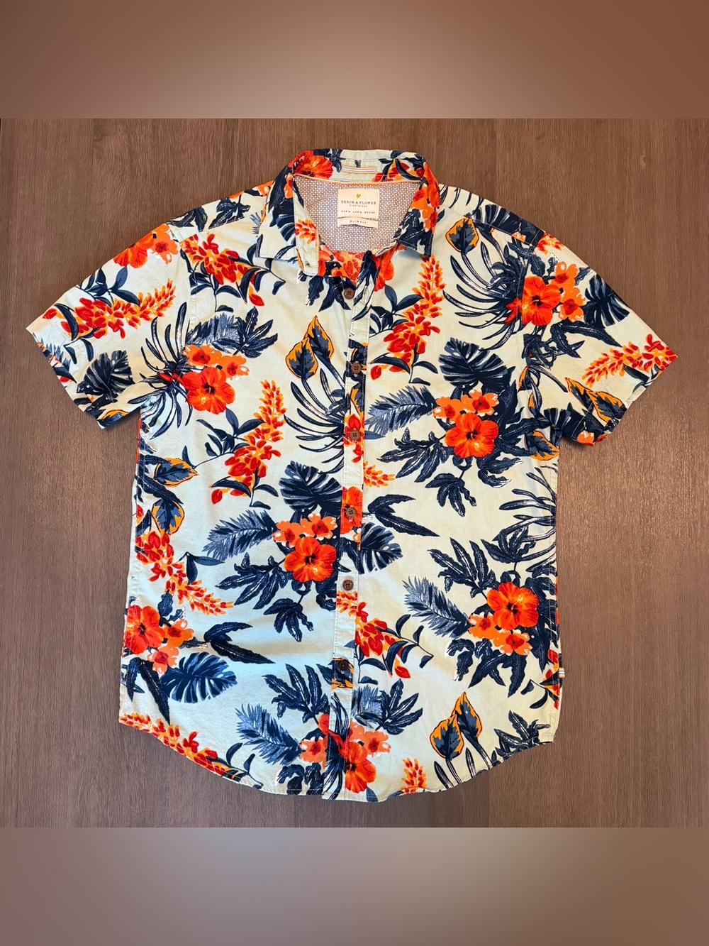Denim & Flower Mens Blue Tropical Floral Short Sleeve Button-Up Shirt Size M